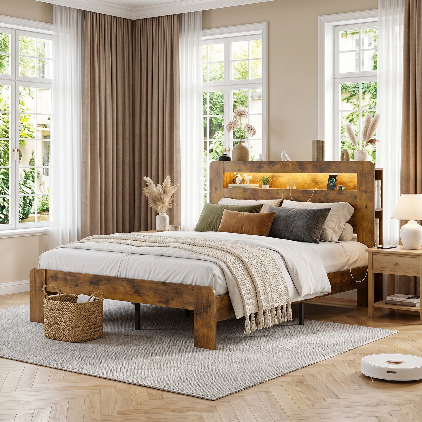 Queen Size Bed Frame with Storage & Charging Station - Rustic Brown