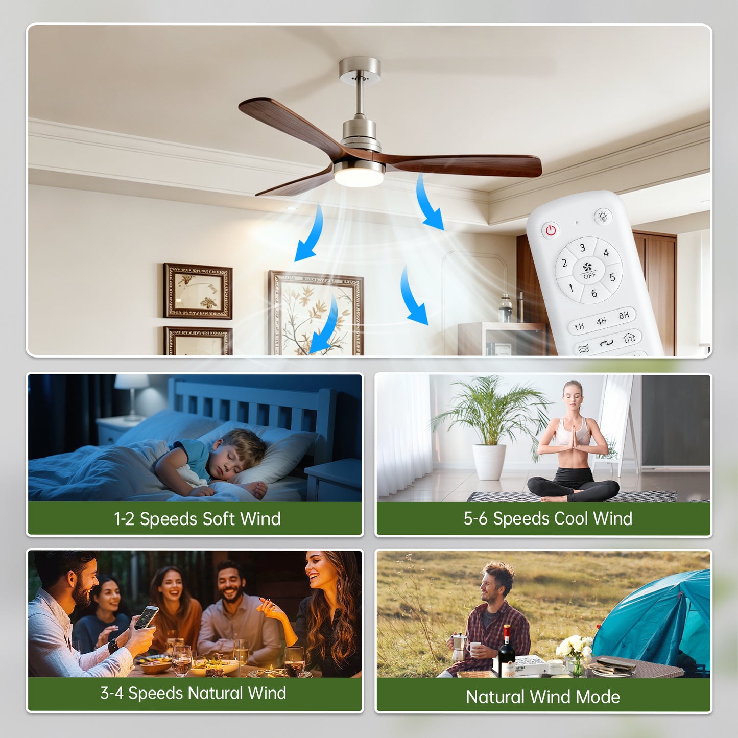 52 Inch Indoor Outdoor Ceiling Fan with Lights and Remote - Modern 3-Blade Design, DC Motor, Brushed Nickel
