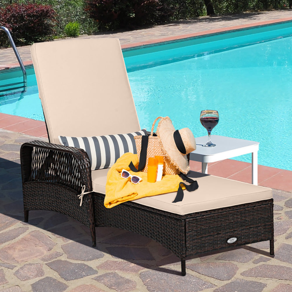 Outdoor Patio Wicker Chaise Lounge Chair With Adjustable Backrest And