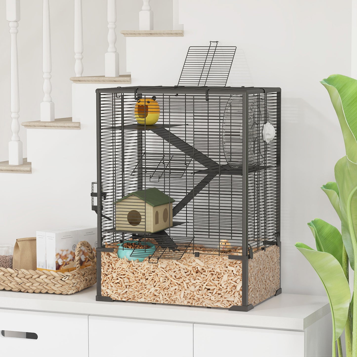 4-Tier Hamster Cage with Tempered Glass Bottom, Exercise Wheel, Hut, Water Bottle & Food Dish - Black, 24x16x31.5 Inches