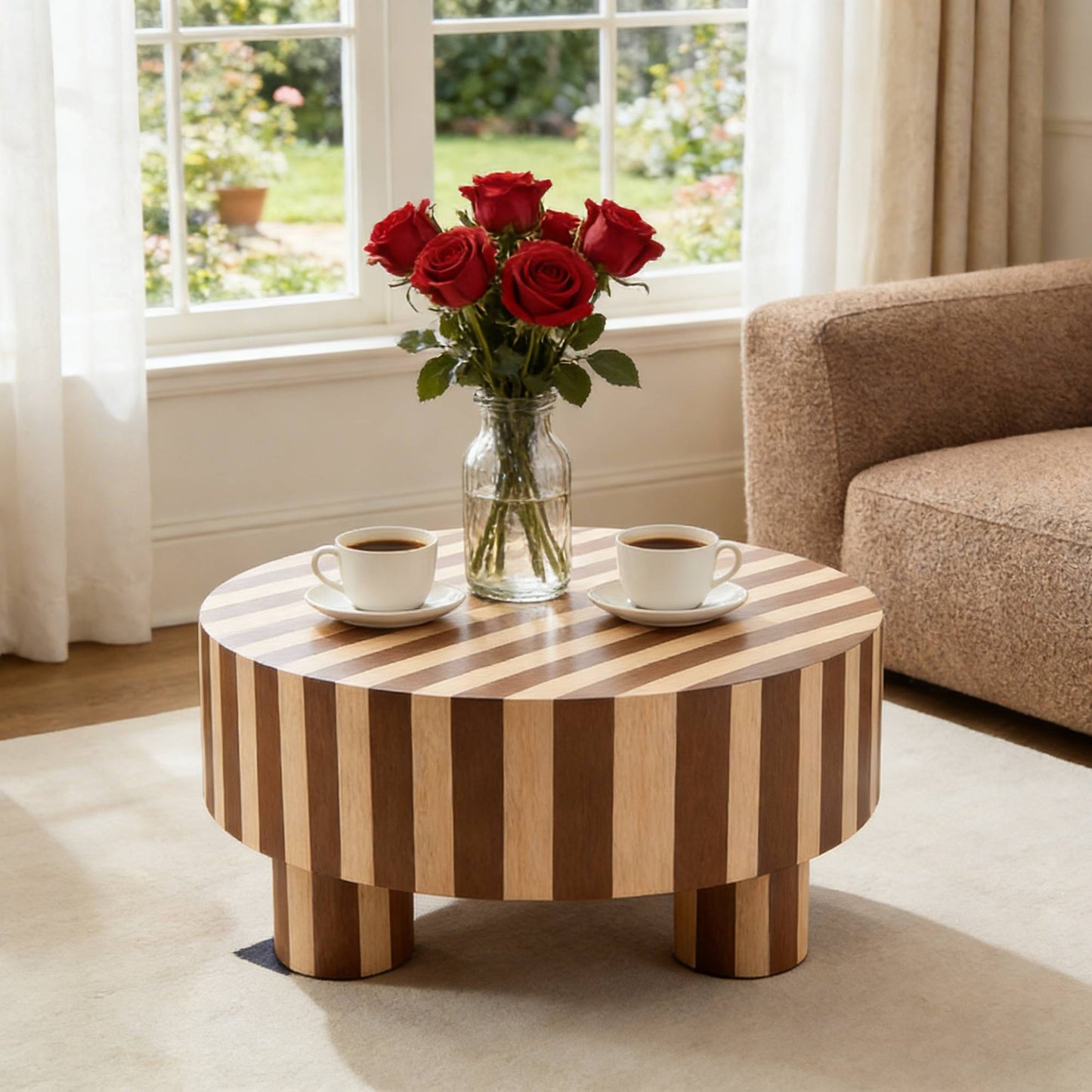Round Wood Coffee Table, Natural Finish For Living Room