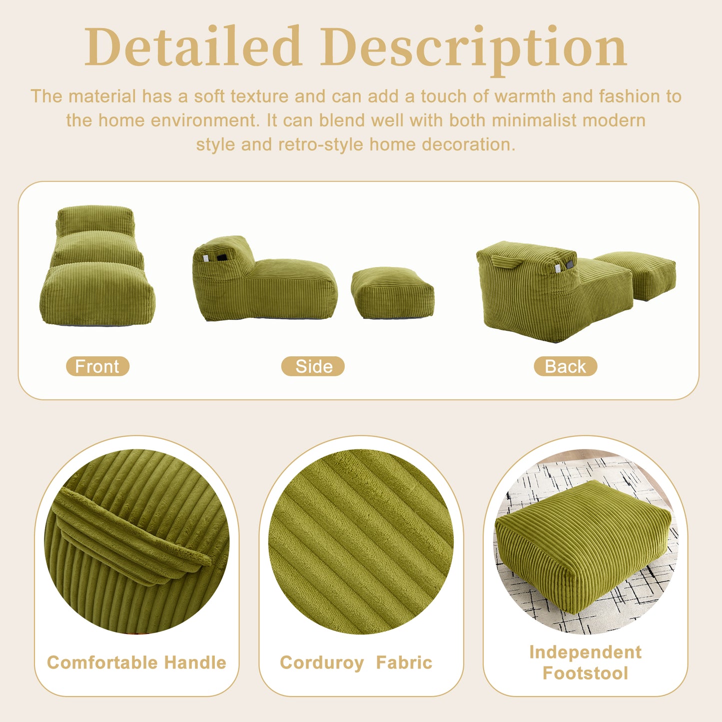 Large Memory Foam Bean Bag Chair with Ottoman - Olive
