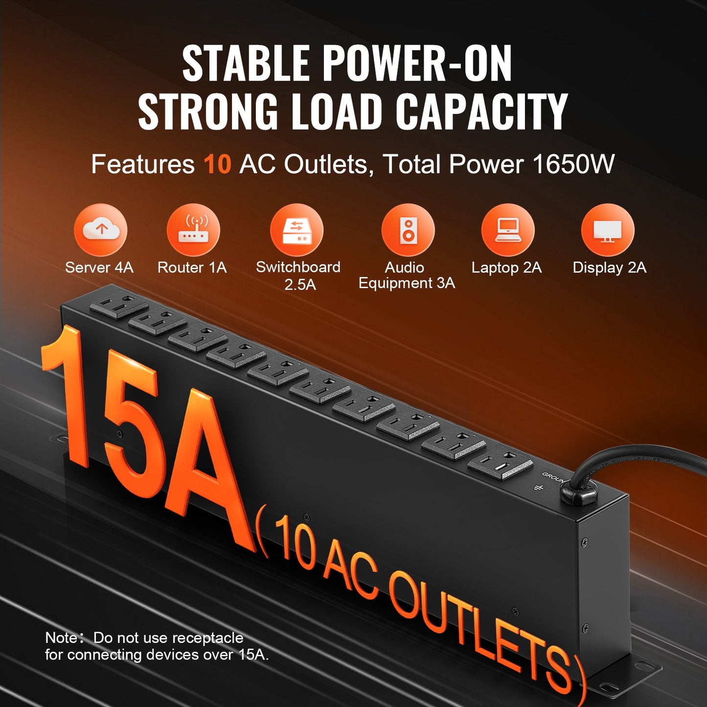 19-Inch Rack Mount Power Strip with 10 Outlets and Surge Protection - Black