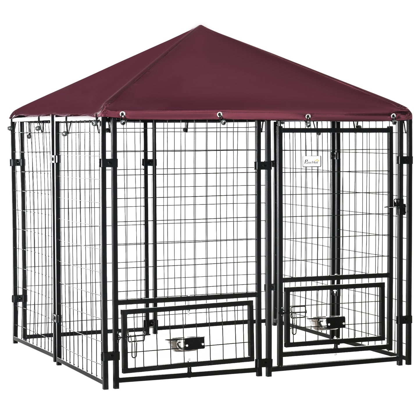 Outdoor Dog Kennel with Rotating Bowls Waterproof Cover 55x55x60in Red