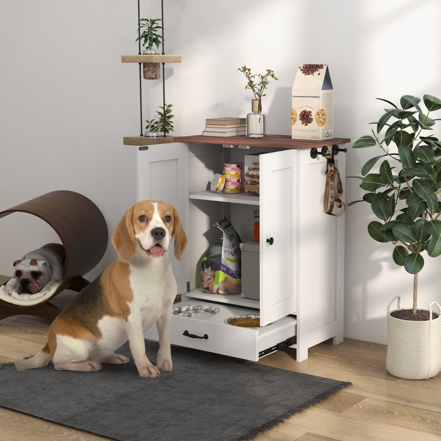 Pet Feeding Station with Adjustable Height & Hidden Bowls - Medium Dogs, White