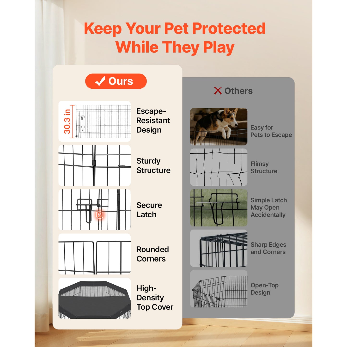 Foldable Dog Playpen 30 Inch with Top Cover - Indoor Metal Exercise Pen with Door, Heavy Duty Pet Fence for Dogs, Cats & Small Animals, Black