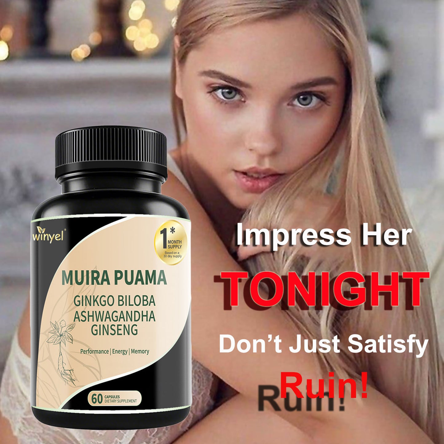Herbal Supplement Blend - Muira Puama, Ginseng, Ashwagandha - 60 Capsules