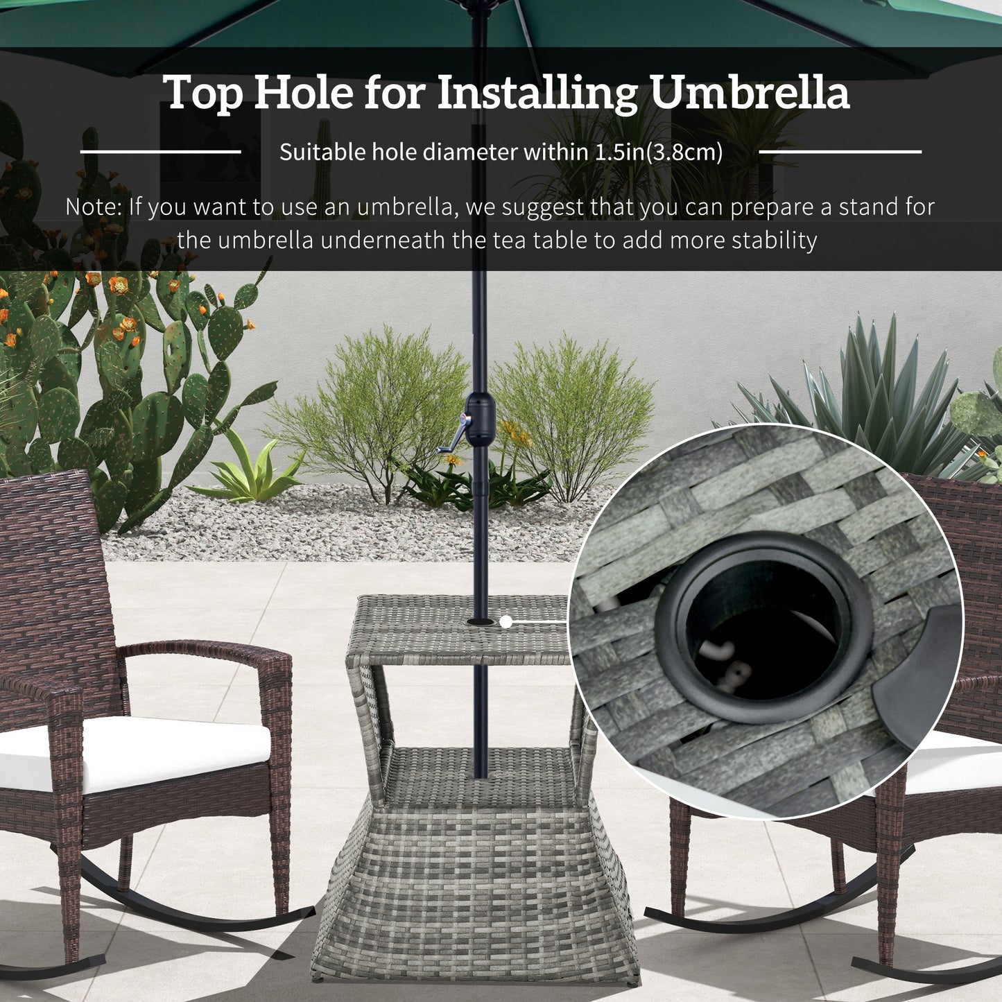 Outdoor Rattan Wicker Side Table with Umbrella Hole - Gray
