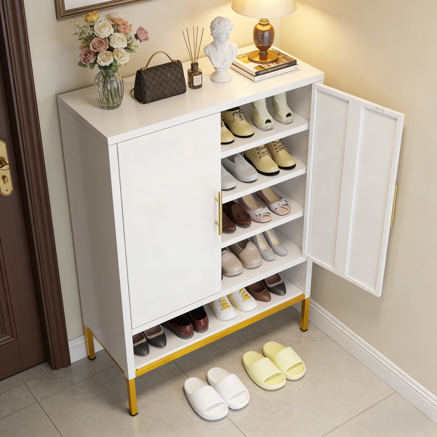 40-Inch Tall 2-Door Metal Shoe Cabinet - 7-Tier Organizer in White