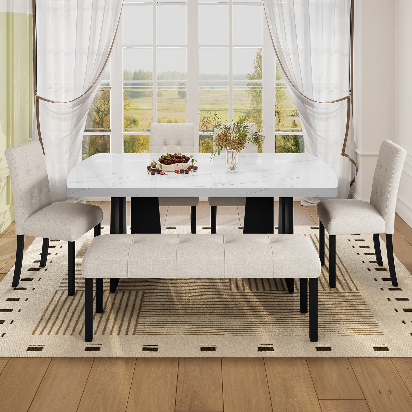6 Piece Modern Dining Table Set, 63 Faux Marble With Geometric Legs &