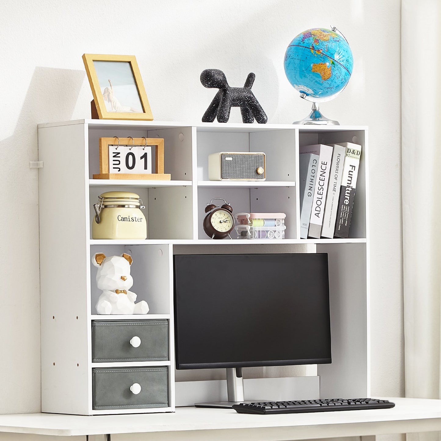 3-Tier Desktop Bookshelf Organizer with Fabric Drawers - White