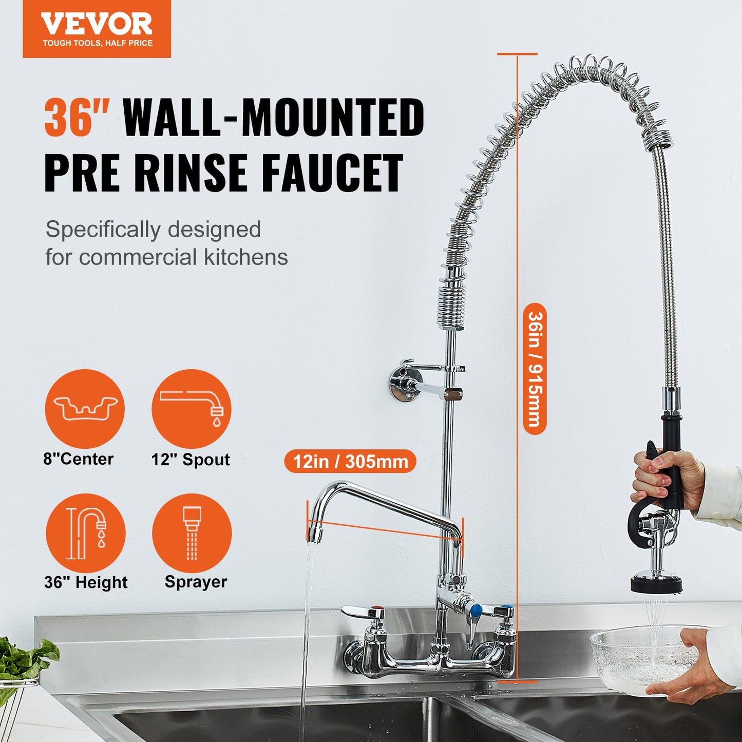 Wall Mount Commercial Sink Faucet with Pre-Rinse Sprayer - 36-Inch Height