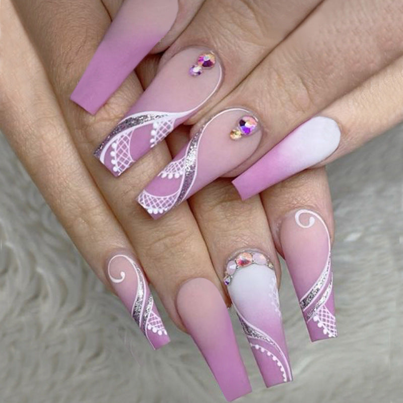 Long Jelly Glue False Nails - Bohemian Lace Style