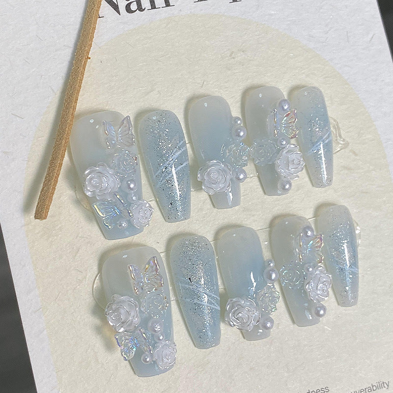 Handmade Wearable Nail Art Kit with Icy Camellia Design & Gradient Colors