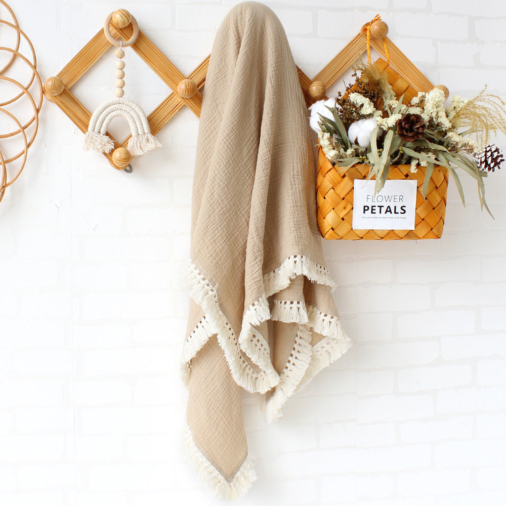 Solid Color Cotton Gauze Baby Blanket with Tassels - 120x120cm