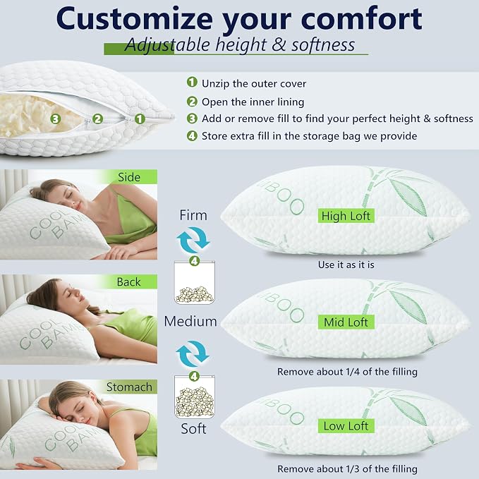 King Size Bamboo Rayon Shredded Memory Foam Pillows - Adjustable Soft & Firm, Washable Cover, Pack of 2 & 4