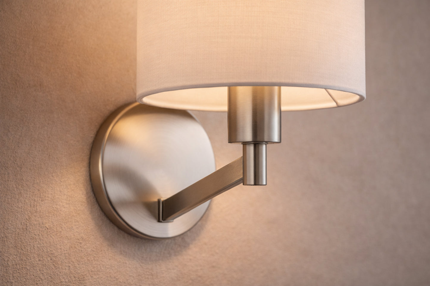 Nebula Brushed Nickel Base Wall Lamp With Rotary White Fabric Shade