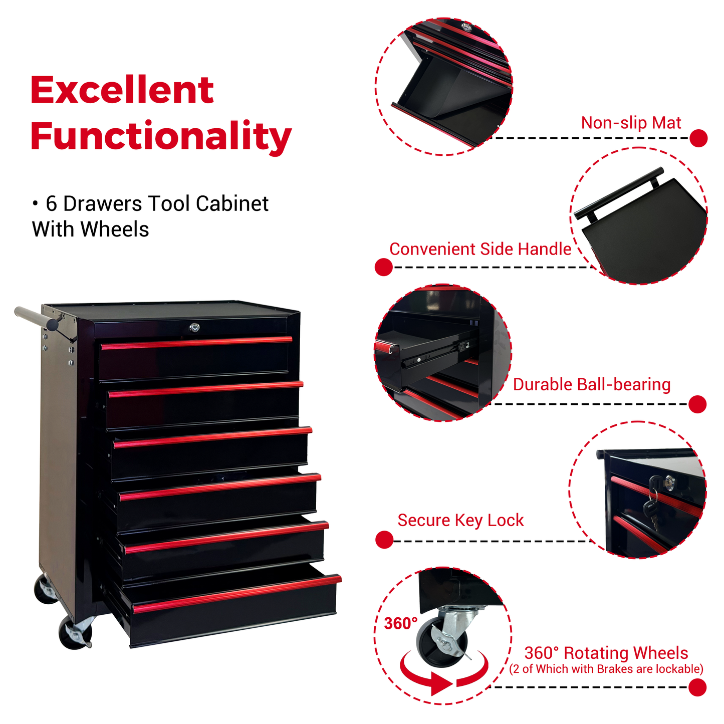20-Inch Rolling Metal Tool Chest with 6 Drawers - Black