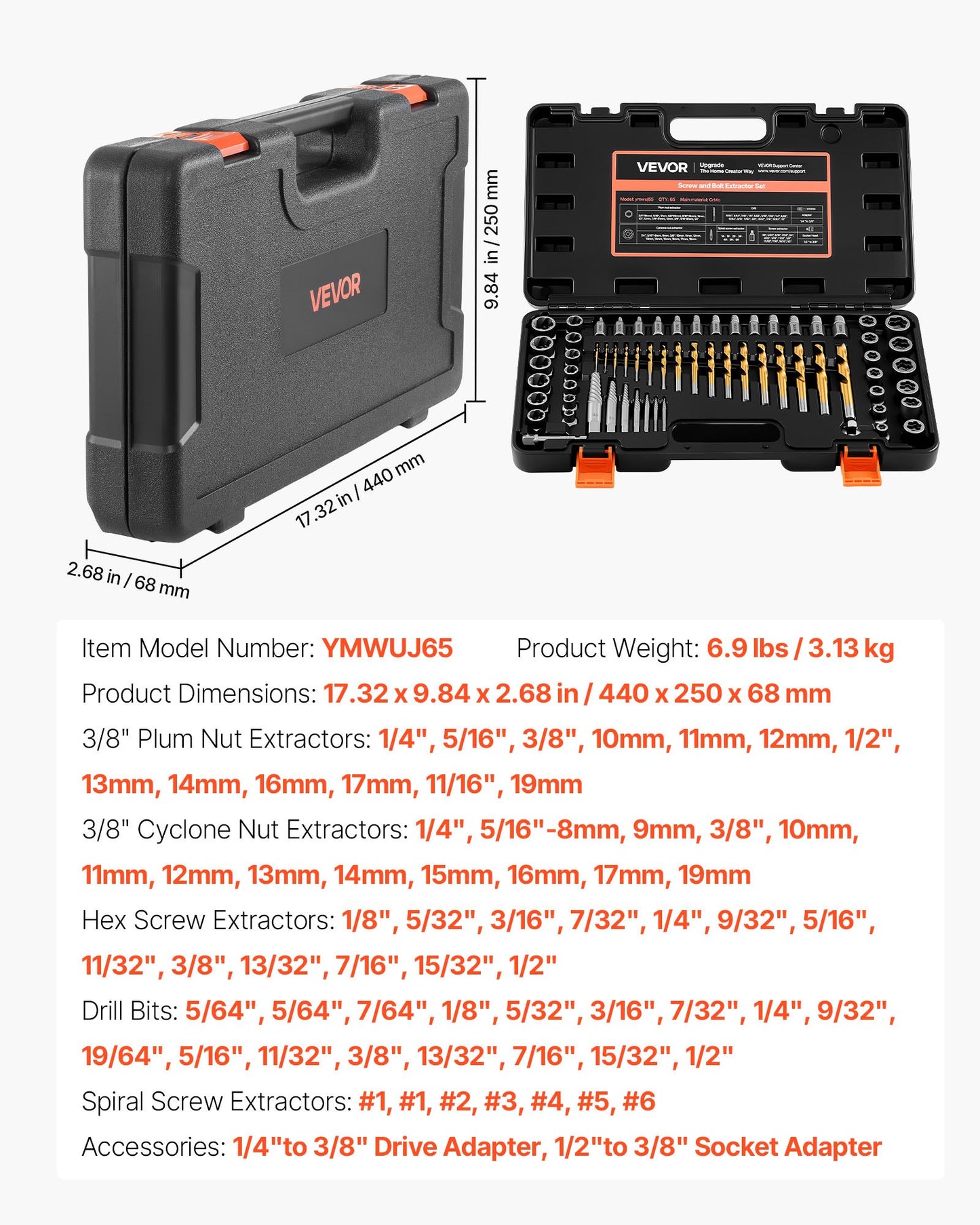 Screw Extractor Set with Drill Bits - 65 Pieces for Fastener Removal, Black