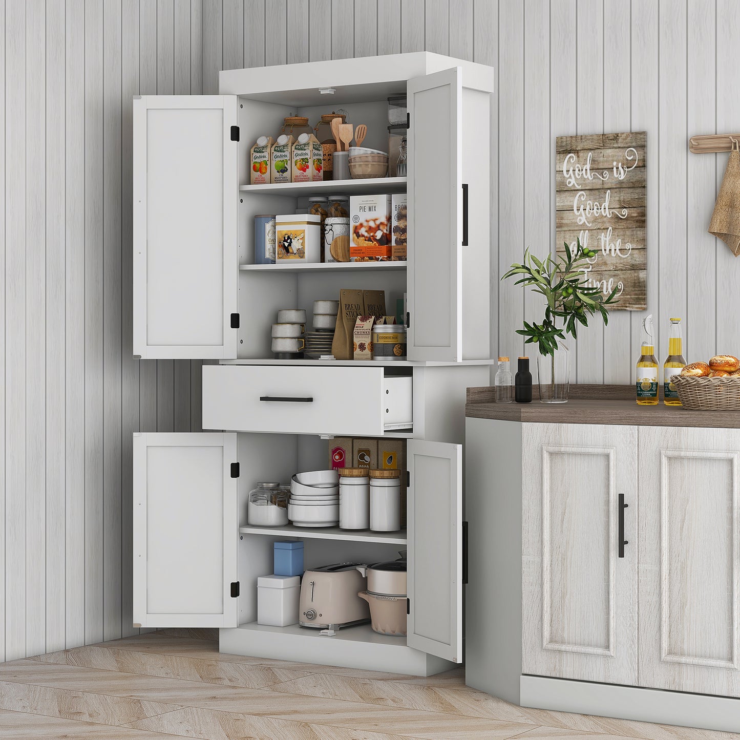 72" Tall Kitchen Pantry Cabinet with Barn Doors & Adjustable Shelves - White