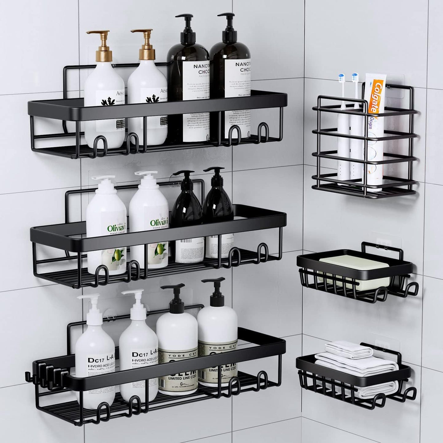 Punch-Free Wall Hanging Bathroom Storage Rack Set - Modern 5-Piece Black