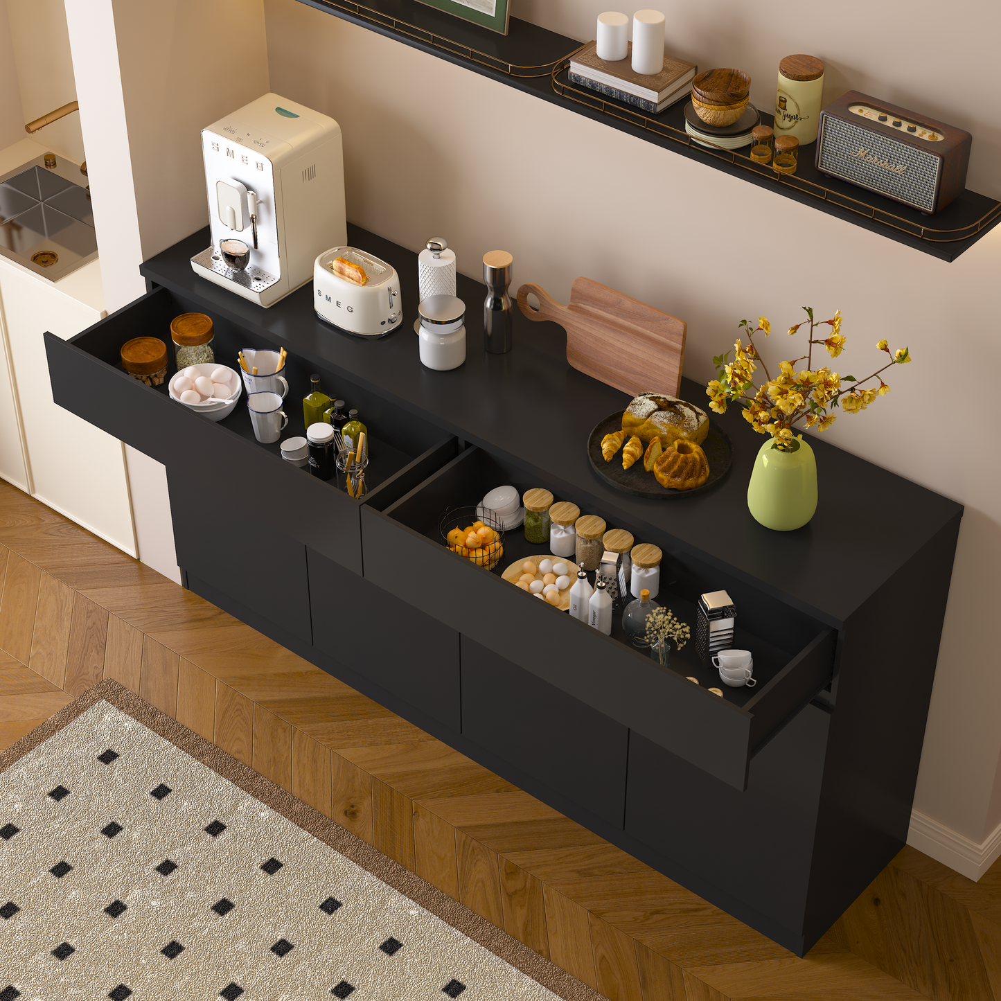 Large Black Sideboard Buffet Cabinet with Storage & 2 Drawers