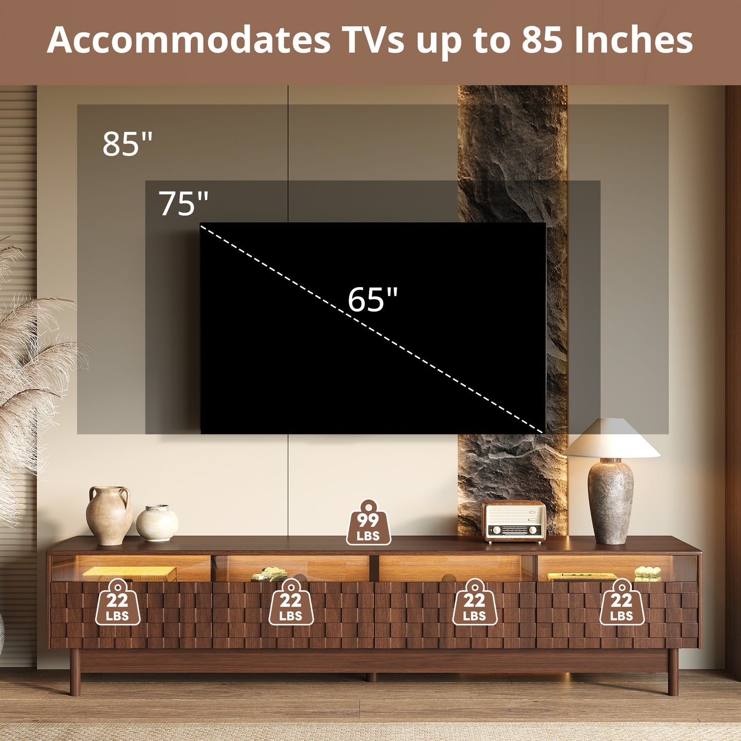 78 Inch TV Stand for Living Room - Modern Entertainment Center with LED Lights and Glass Drawers