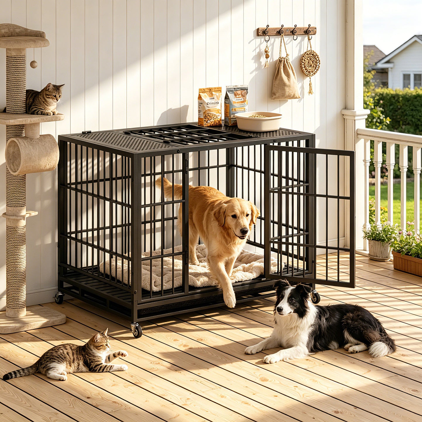Heavy Duty Dog Crate with Lockable Wheels and Perforated Top, Indoor Outdoor Kennel