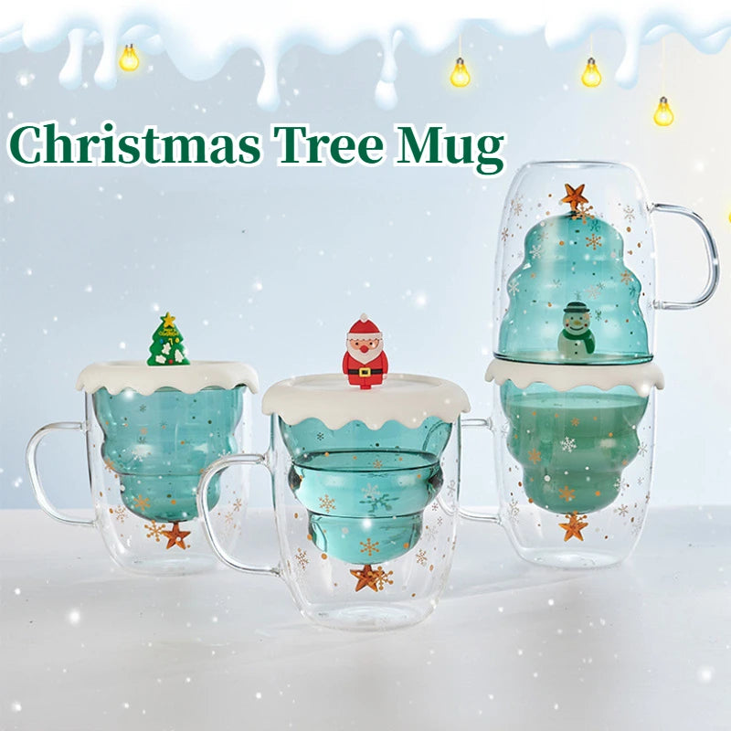 Christmas Tree Mug Double Walled Borosilicate Glass Cup with Handle - Holiday Drinkware