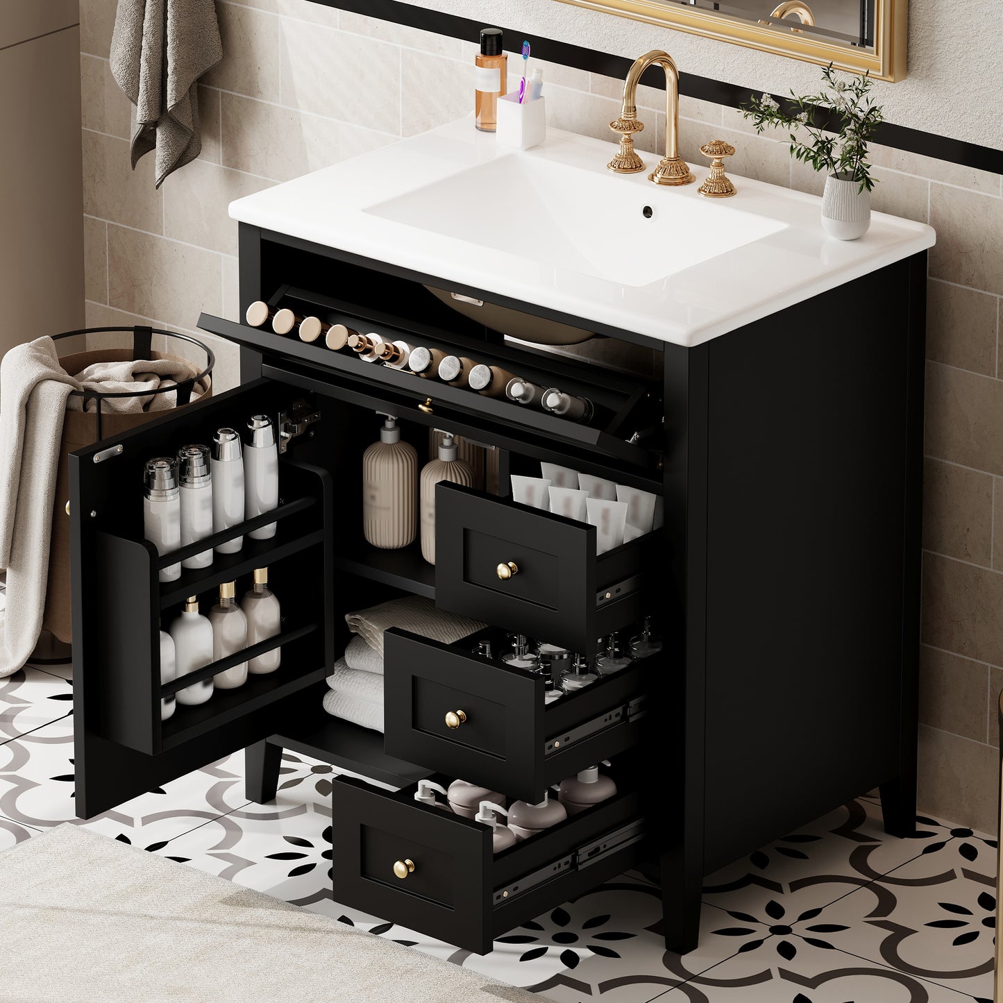 30-Inch Black Bathroom Vanity with Sink and 3 Drawers