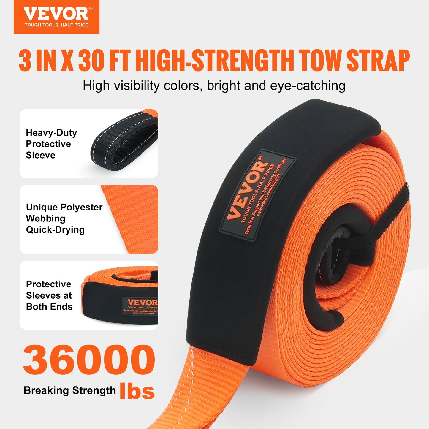 Heavy Duty Tow Strap Kit 36,000 lbs Winch Strap with D-Rings & Shackle - 30ft Orange