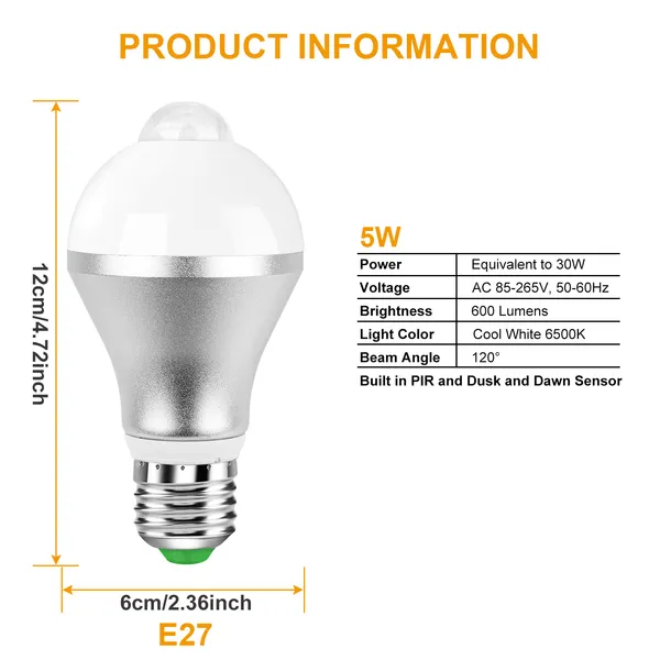 E27 Motion Sensor LED Light Bulb 9W 600lm Dusk to Dawn White