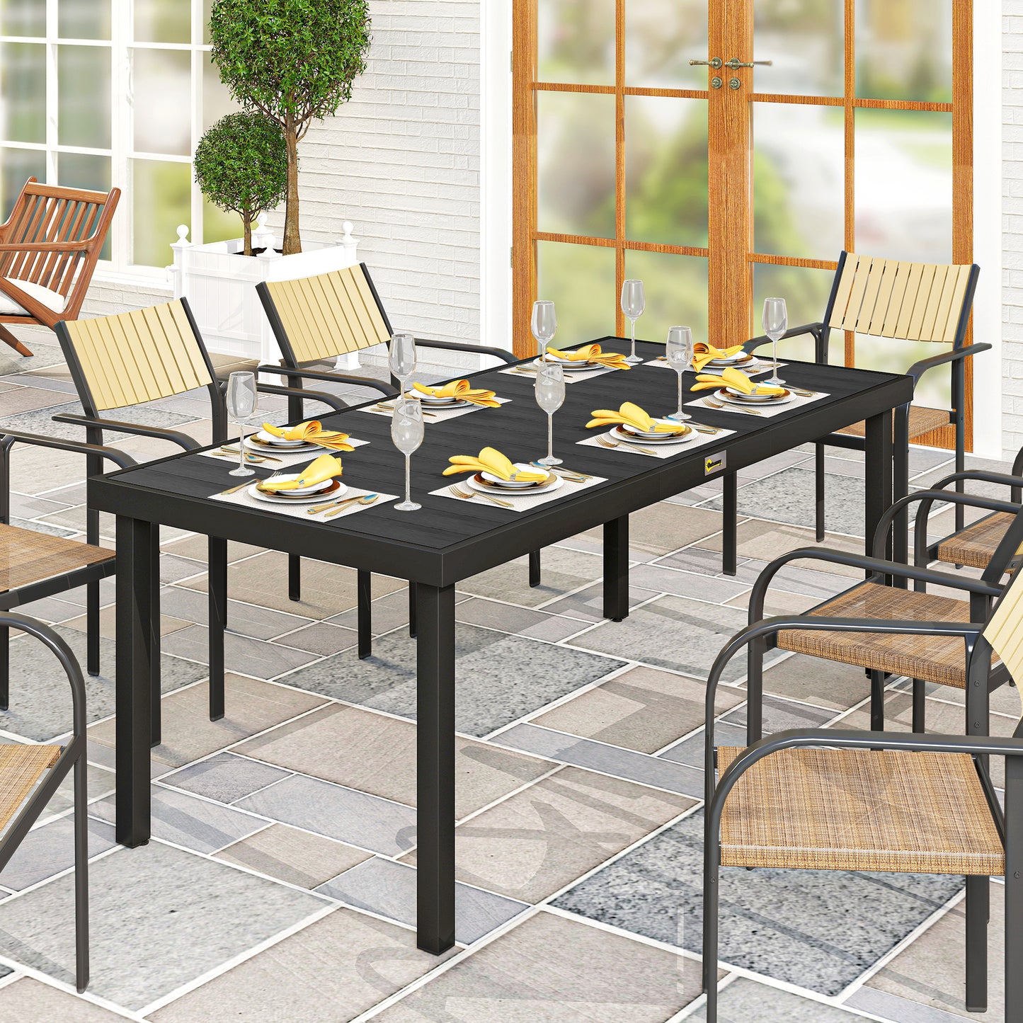 Outdoor Dining Table for 8 - Rectangular Aluminum Frame, Black