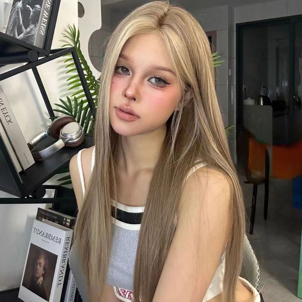 Full Head Lace Wig for Women – Golden Brown Gradient, Center Part, High Temp Fiber