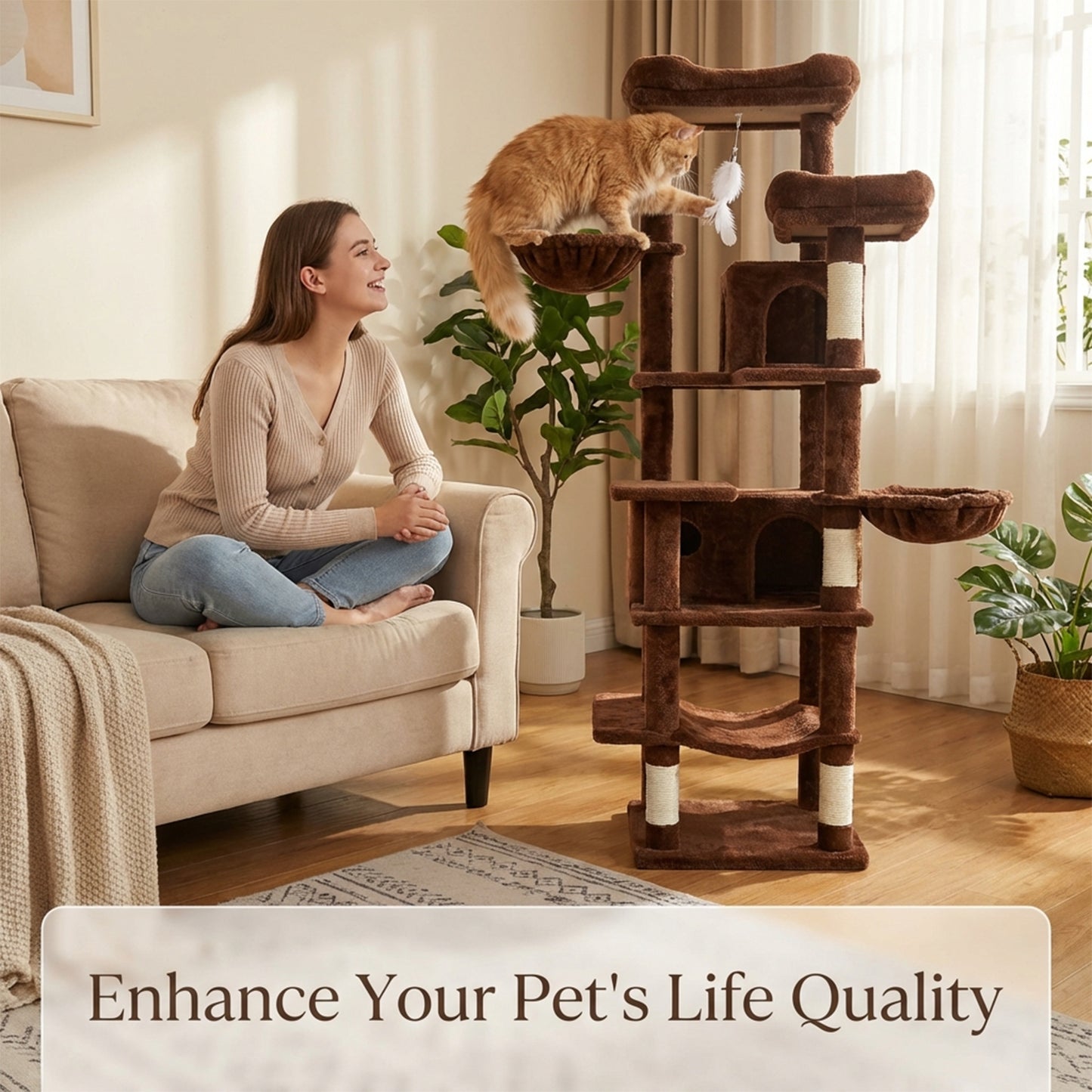 Tall Multi-Level Cat Tree with Hammocks & Scratching Posts - Brown 68in