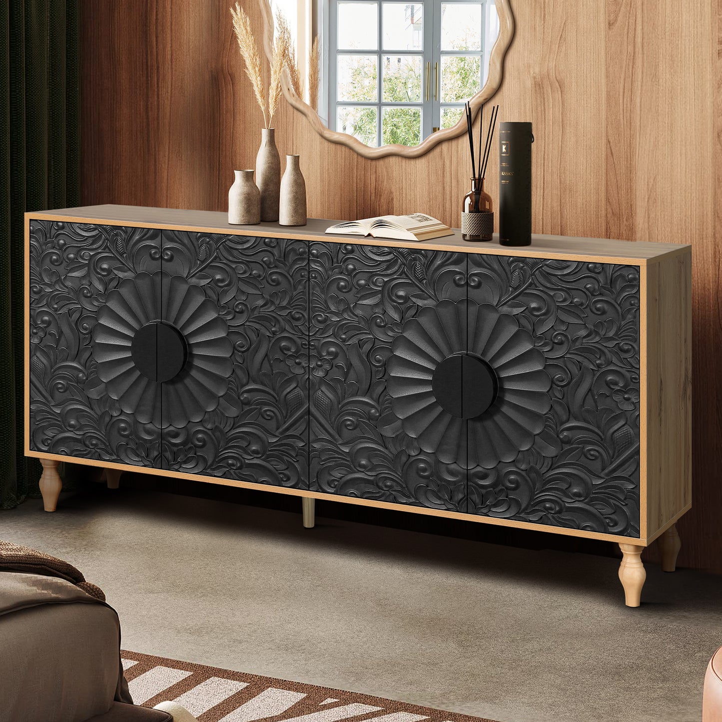 Black Carved Symmetrical Door with Wood-Coloured Frame - TV Stand
