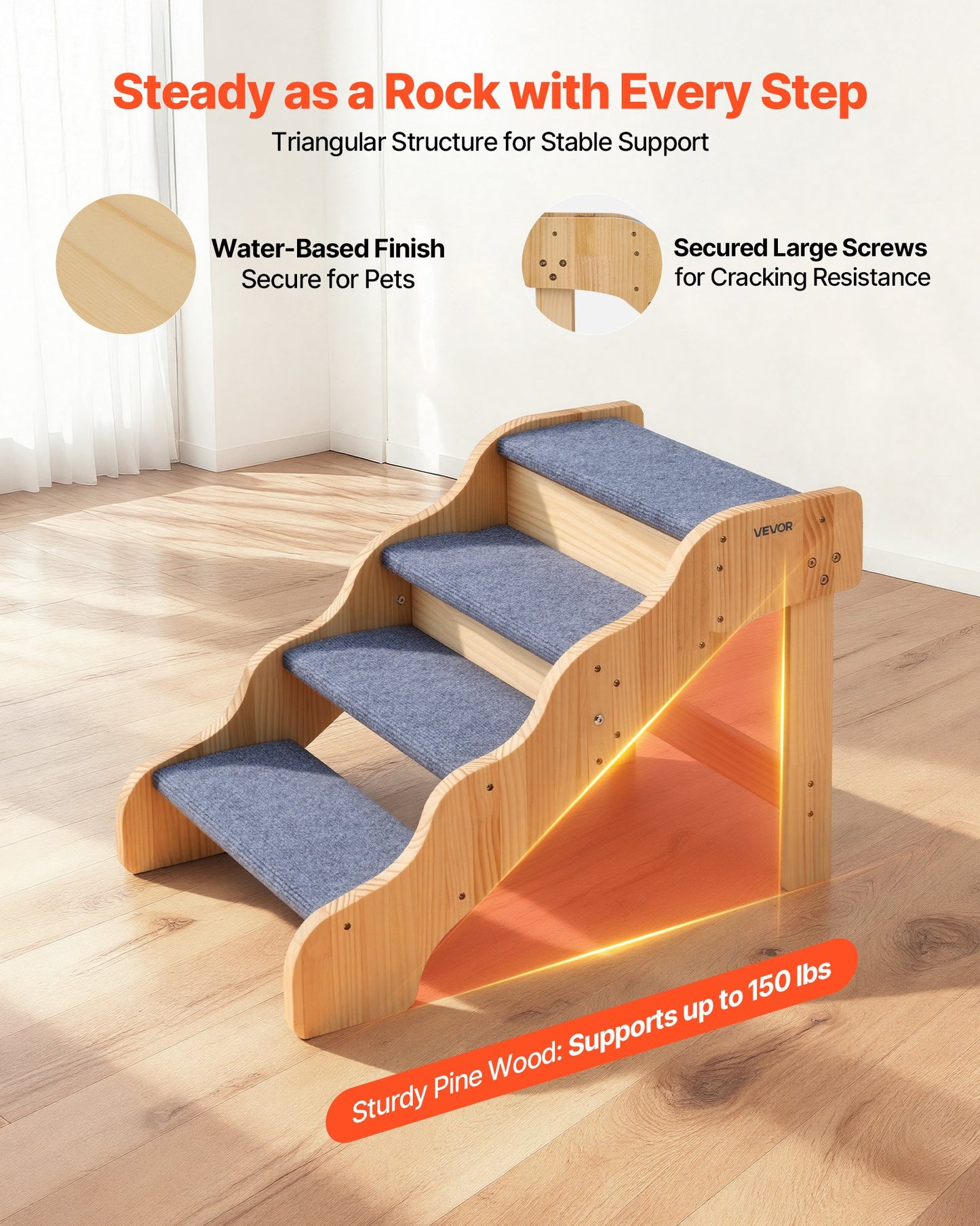 Wood Pet Stairs for Dogs and Cats, 4-Step Non-Slip Support Ladder for Bed Sofa Car