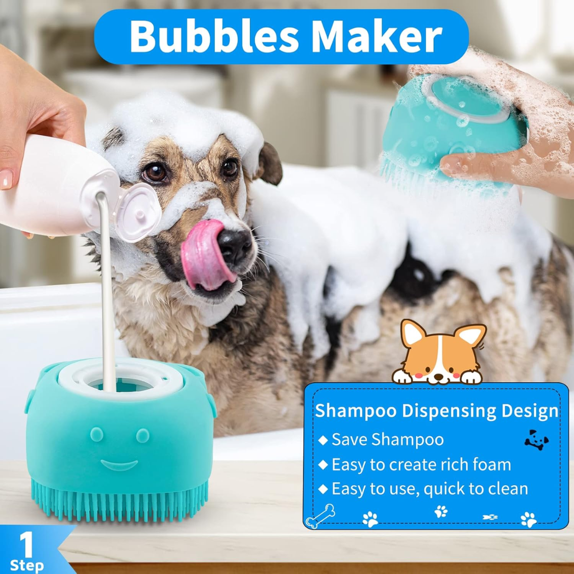 Dog Bath Brush Set with Adjustable Handle & Shampoo Dispenser - Short & Long Hair Pets