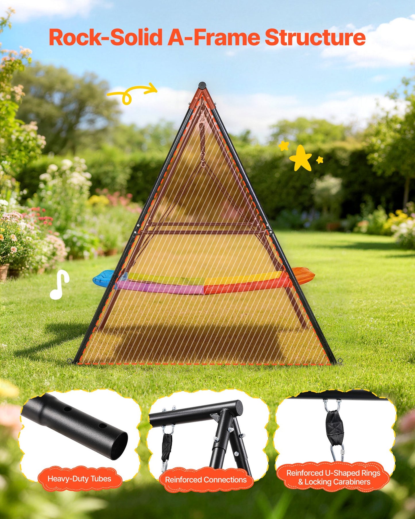 Heavy Duty Backyard Swing Set - 60x32 Inch Seat with Metal Frame & Ground Anchors - Black