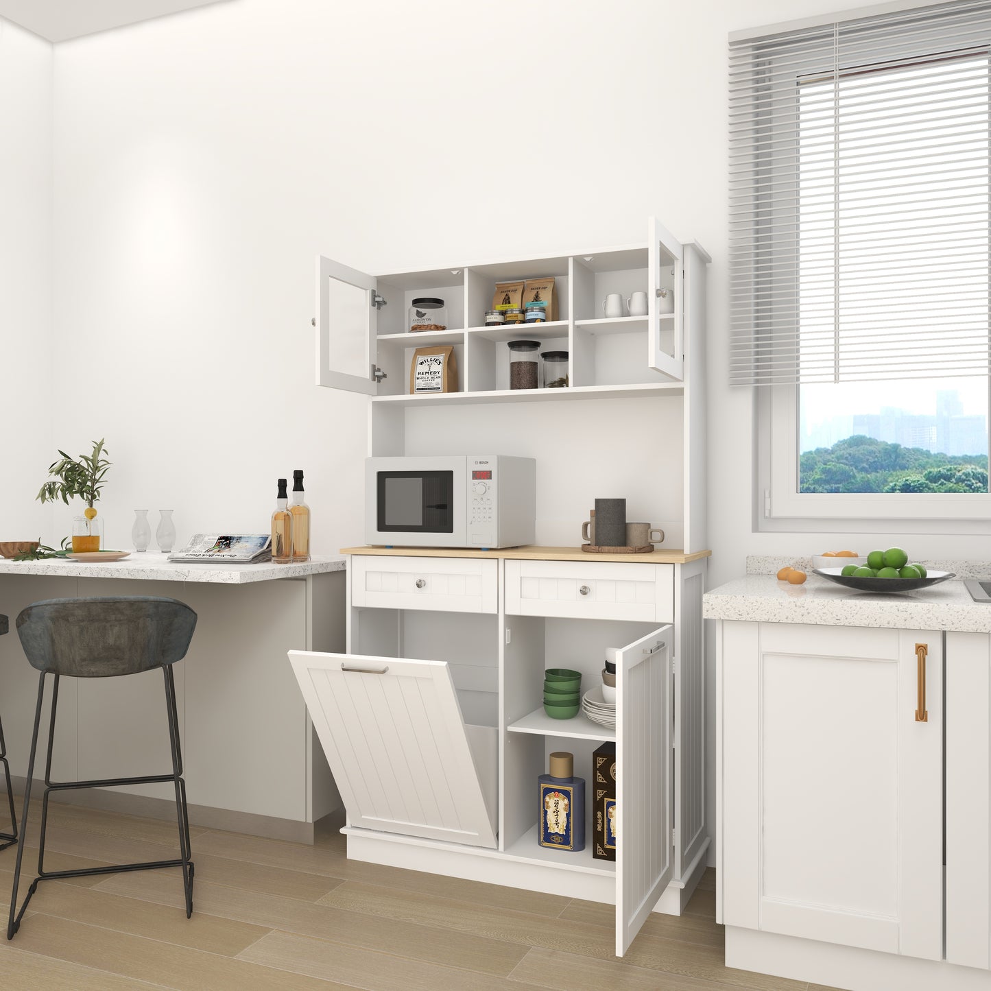 67.7" Tall Kitchen Trash Can Storage Cabinet with 3 Shelves & 2 Drawers - White