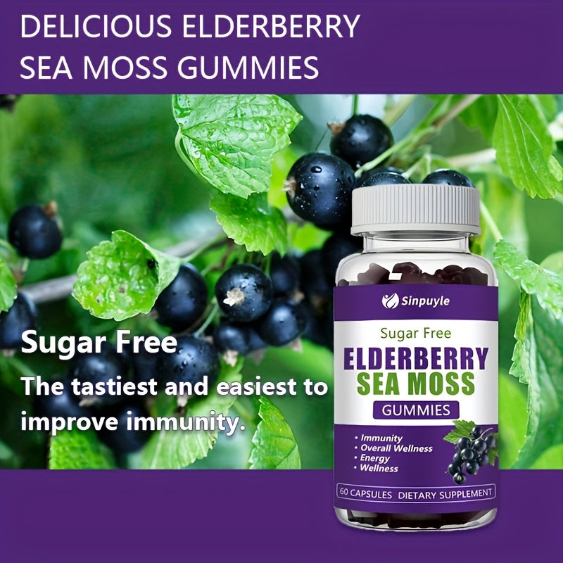 Sugar-Free Elderberry Sea Moss Gummies - Immune Support & Energy Boost - 60ct