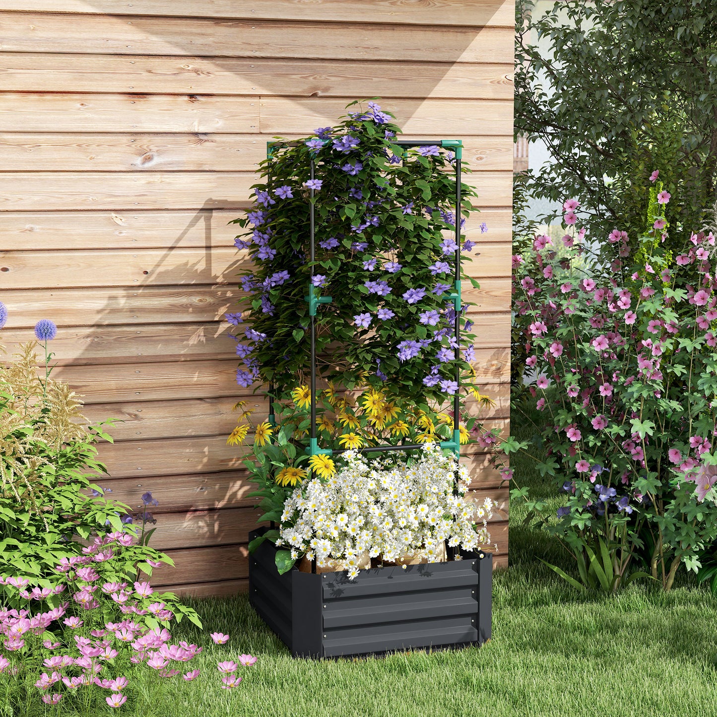 Galvanized Raised Garden Bed with Tomato Cage - 24x24x55 Inches, Dark Gray