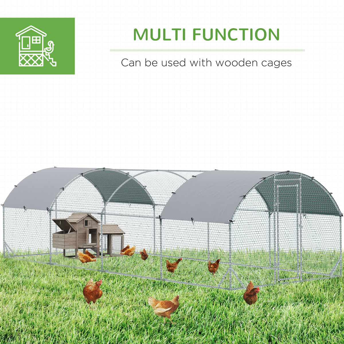Large Metal Chicken Coop with Waterproof Cover - Outdoor Animal House, 9.2x24.9x6.5 ft, Silver