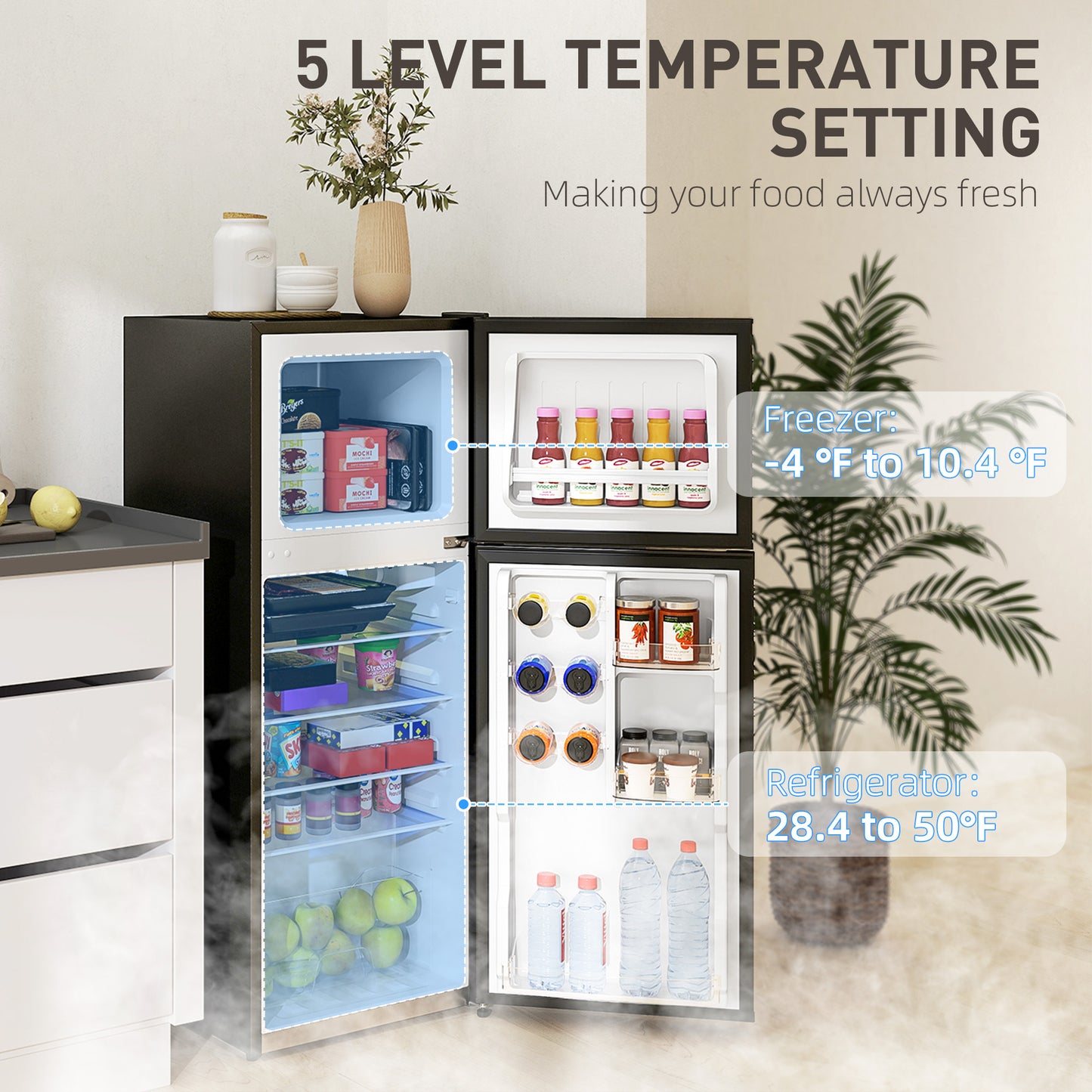 Small Refrigerator with Freezer - Compact Kitchen Appliance, Black, 490x500x1210mm