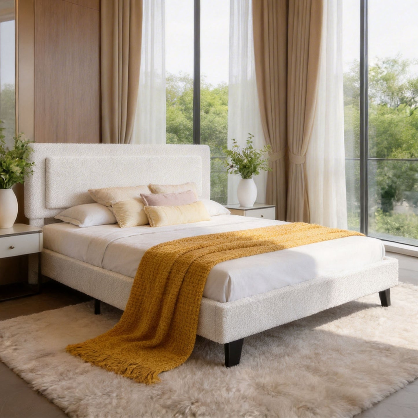 King Size Bed Frame With Adjustable Headboard Wood Slat Upholstered