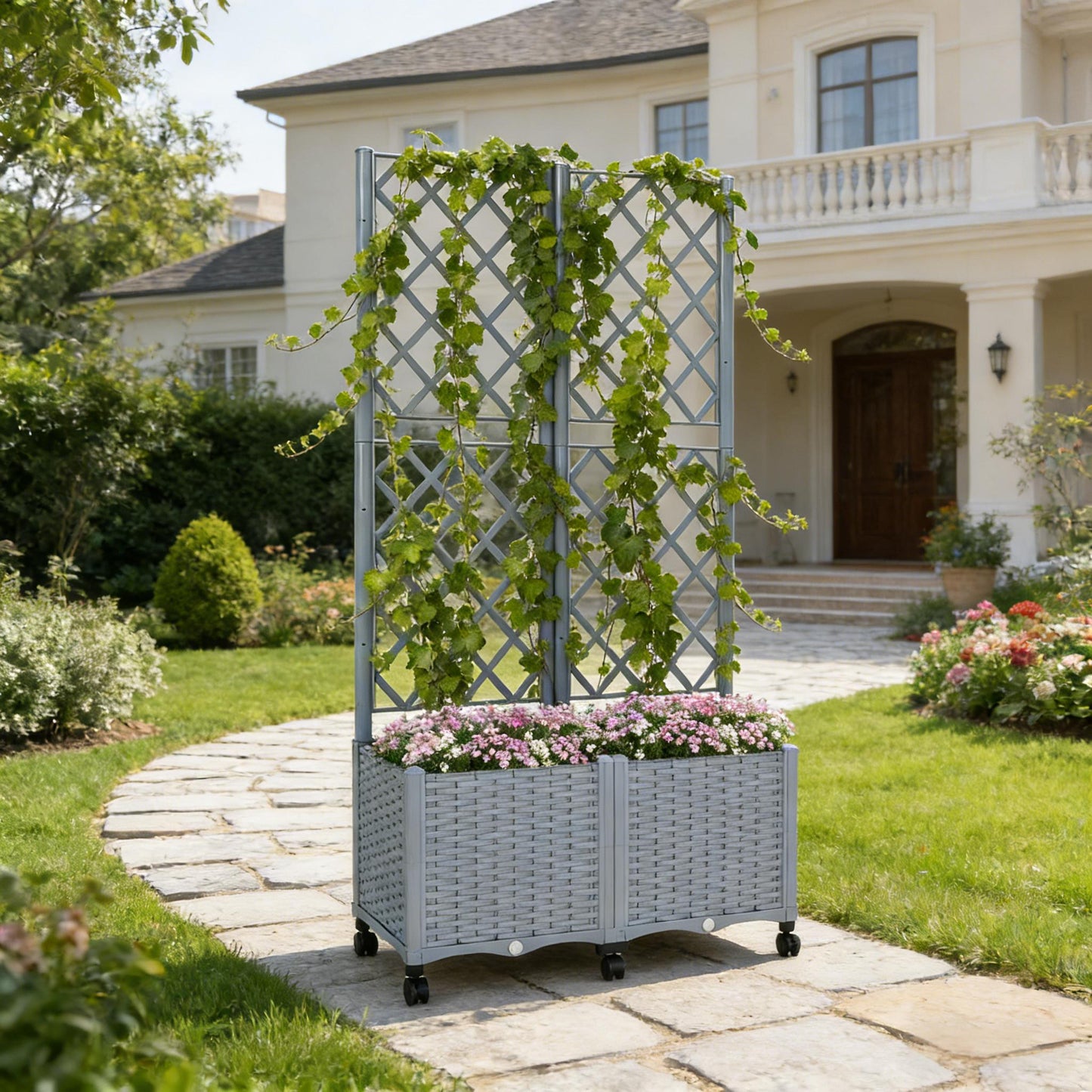 Raised Garden Bed Planter Box with Trellis - Gray