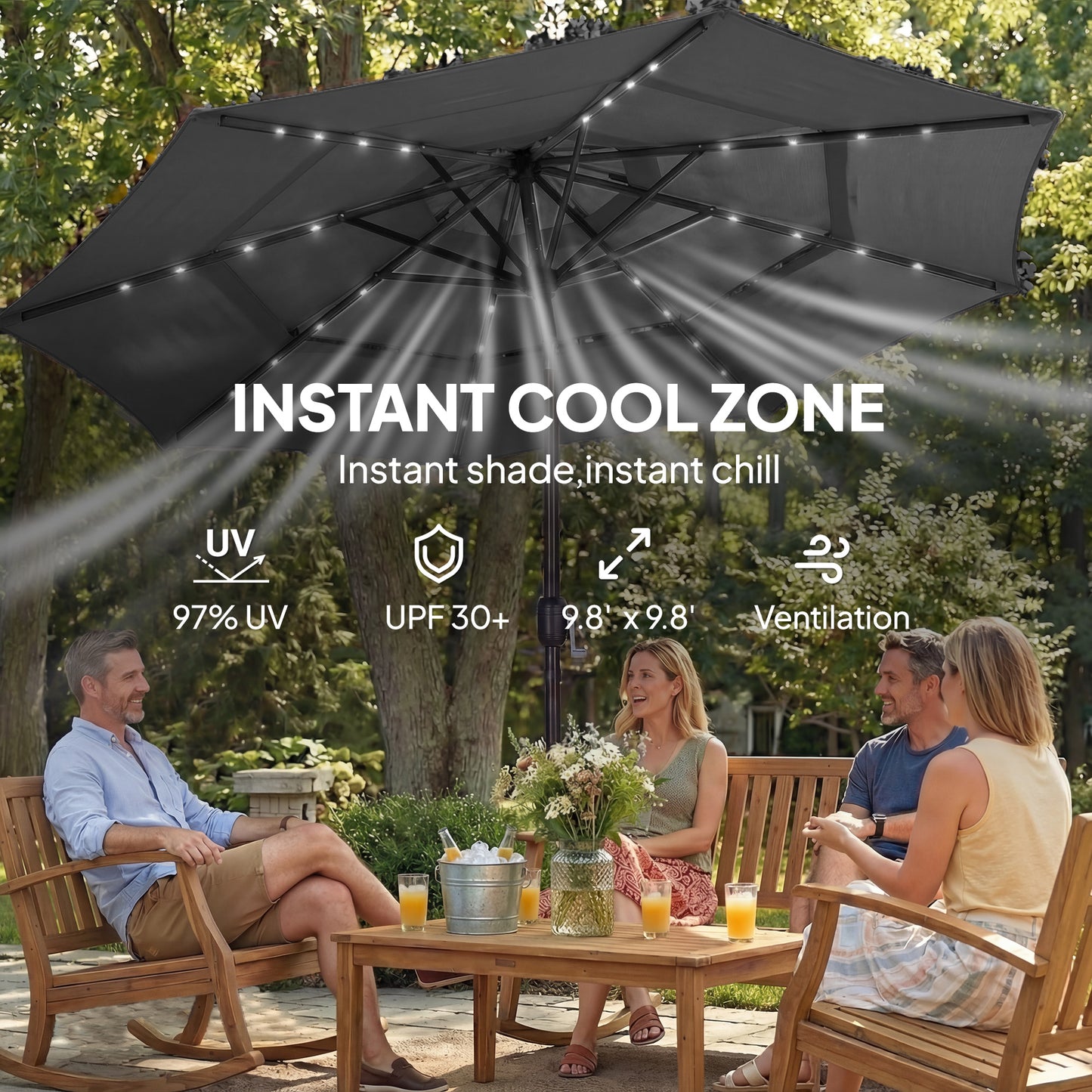 9.7 ft Outdoor Patio Umbrella with Solar LED Lights & Tilt