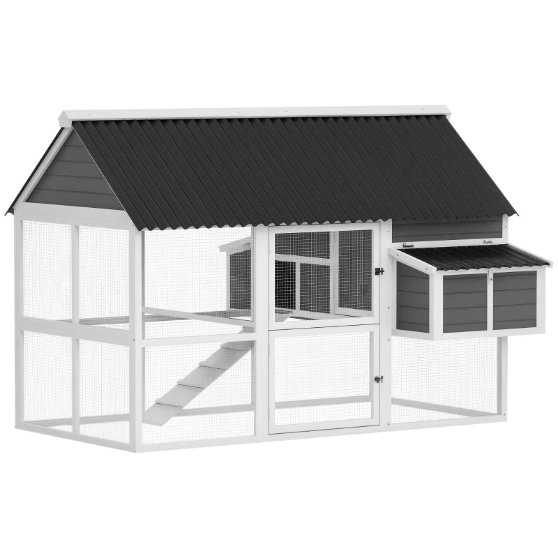 Wooden Chicken Coop with Run, Nesting Boxes, Roosting Bars, Ramp & Tray - Gray