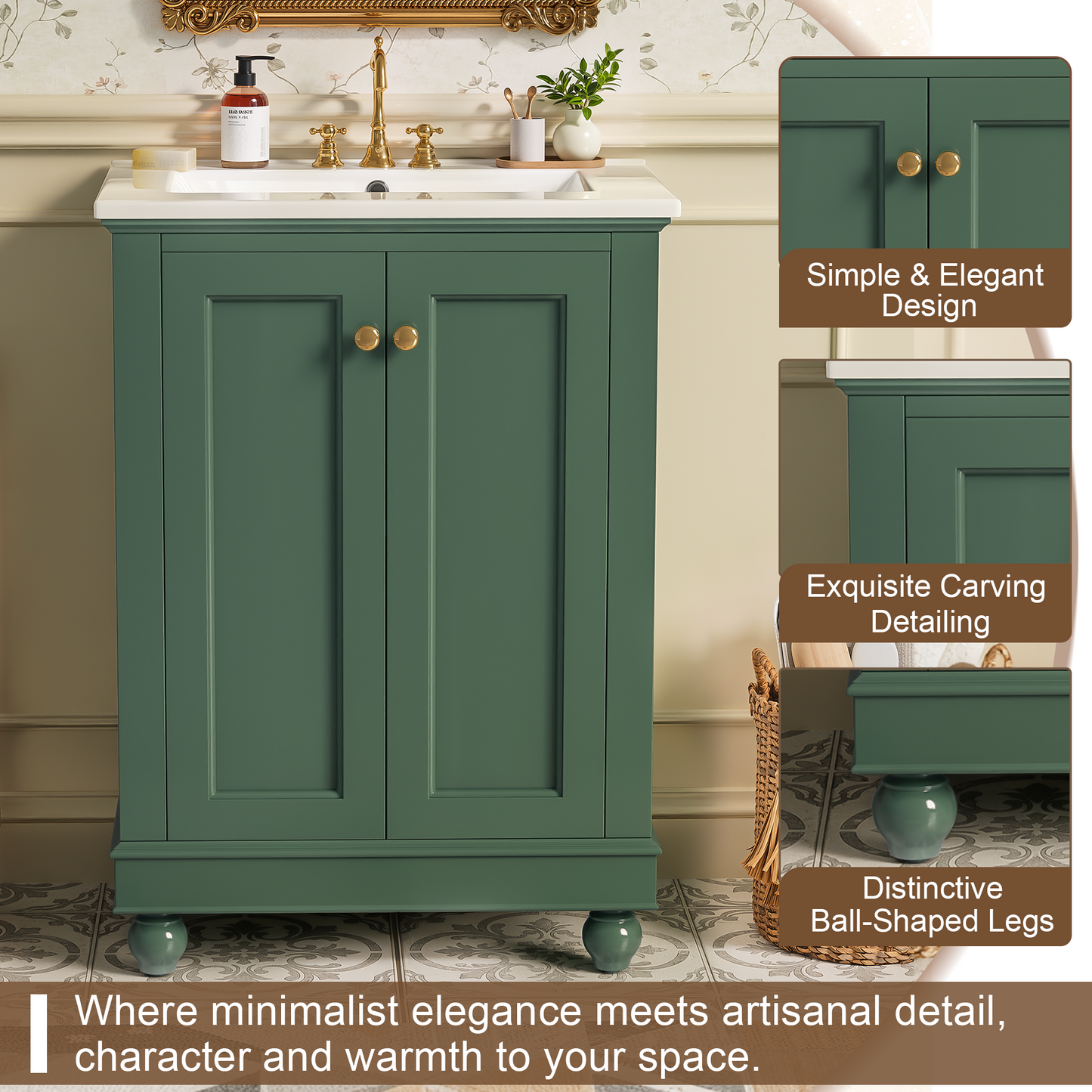 24 Inch Green Modern Bathroom Vanity Cabinet with Soft-Closing Storage