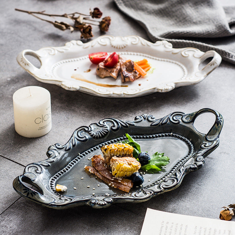 European Retro Style Salad and Dessert Plate Set - White & Blue Porcelain